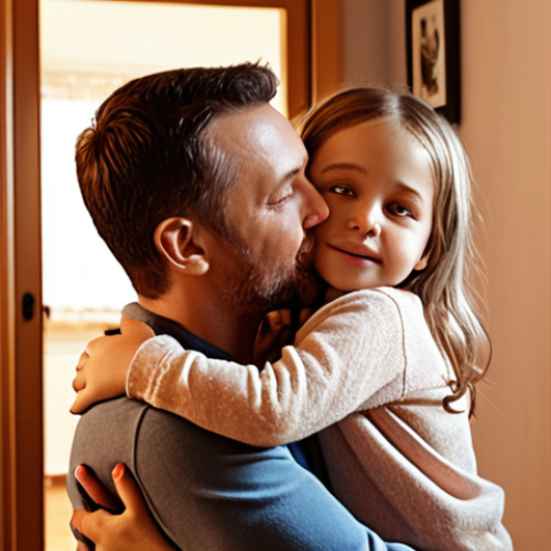 Home 4 **A warm and loving parent-child interaction, showing affection through a hug or shared activity in a cozy, well-lit home. Emphasis on the child's feeling of security and love.**