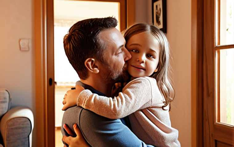 **A warm and loving parent-child interaction, showing affection through a hug or shared activity in a cozy, well-lit home. Emphasis on the child's feeling of security and love.**