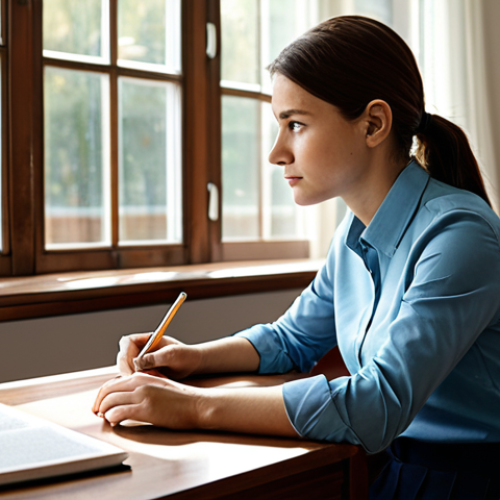 Home 14 A thoughtful, professional individual, fully clothed in modest business casual attire, sits at a polished wooden desk in a bright, tranquil study. An open psychology textbook lies on the desk beside a cup of tea, and soft natural light streams through a large window. The individual is looking away with a pensive, yet hopeful expression, contemplating a profound career change towards child psychology, embodying deep motivation and purpose. safe for work, appropriate content, fully clothed, professional, perfect anatomy, correct proportions, natural pose, well-formed hands, proper finger count, natural body proportions.
