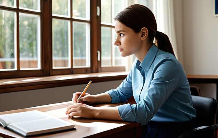 A thoughtful, professional individual, fully clothed in modest business casual attire, sits at a polished wooden desk in a bright, tranquil study. An open psychology textbook lies on the desk beside a cup of tea, and soft natural light streams through a large window. The individual is looking away with a pensive, yet hopeful expression, contemplating a profound career change towards child psychology, embodying deep motivation and purpose. safe for work, appropriate content, fully clothed, professional, perfect anatomy, correct proportions, natural pose, well-formed hands, proper finger count, natural body proportions.