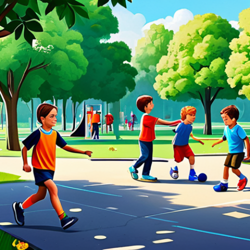 Home 7 **
"A bright and colorful illustration depicting children playing various games in a park, fully clothed in appropriate attire, safe for work. The scene emphasizes the importance of play in cognitive development. Include elements representing creativity, problem-solving, and social interaction. Perfect anatomy, correct proportions, natural pose, professional illustration, high quality, family-friendly, appropriate content."
**