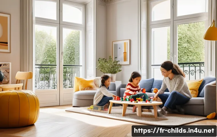 아동심리상담사와 관련된 트렌드 - A warm, detailed scene of a diverse modern family living room in Paris, showcasing a blended family ...