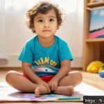 Home 21 아동심리상담의 주요 이슈 - A tender scene of a young child, around 4 years old, sitting cross-legged on a cozy living room floo...
