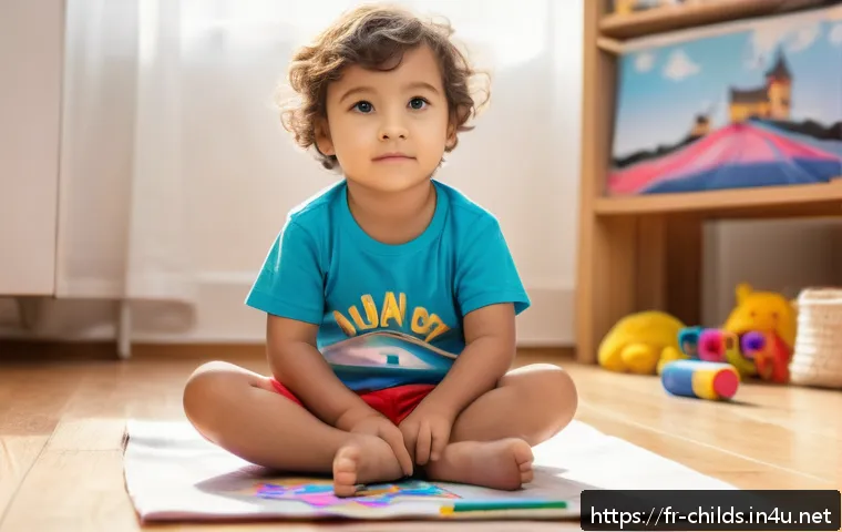 아동심리상담의 주요 이슈 - A tender scene of a young child, around 4 years old, sitting cross-legged on a cozy living room floo...