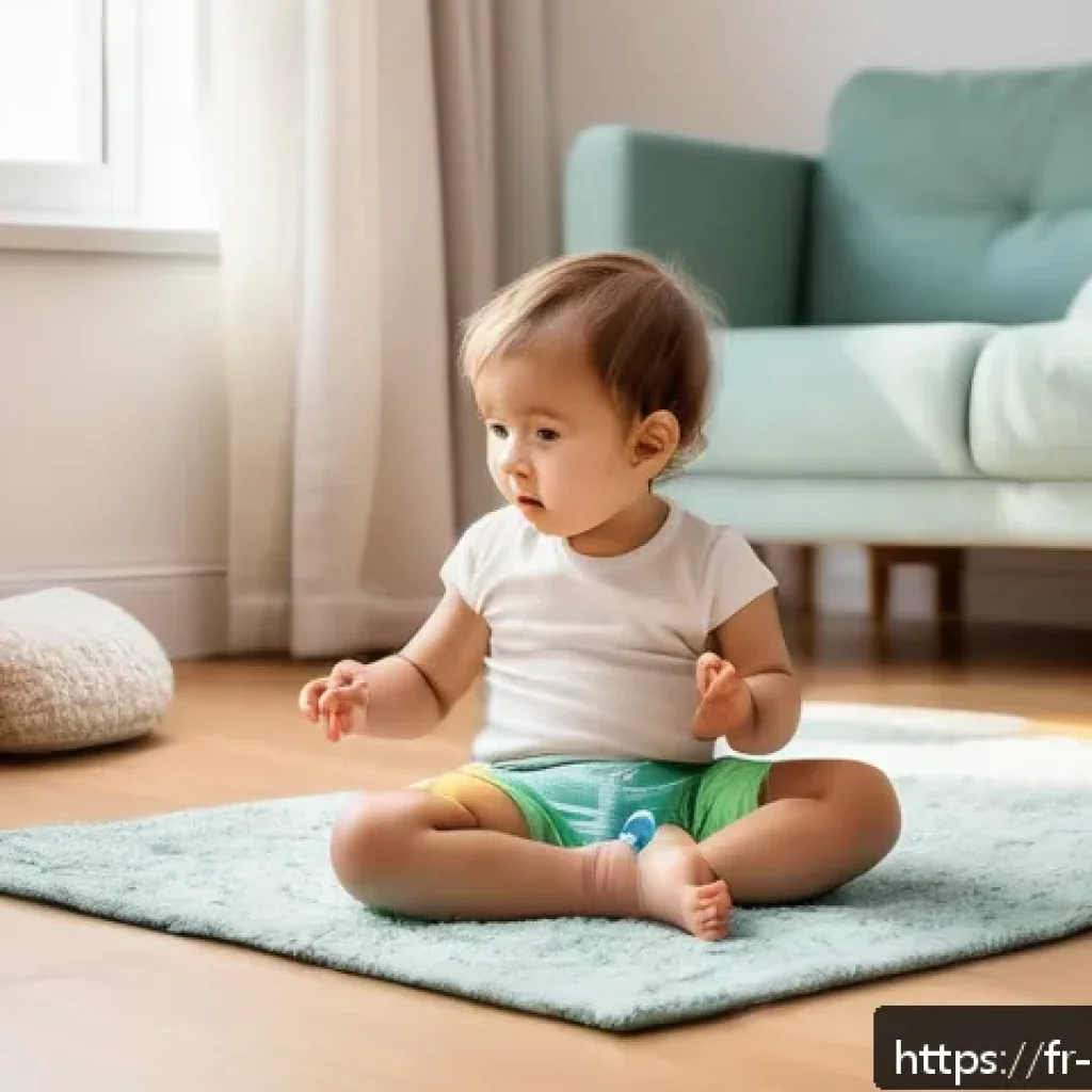 아동심리학 주요 과목과 공부법 - A tender scene of a young child around 3 years old wearing a colorful diaper, sitting on a soft carp...