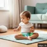 Home 23 아동심리학 주요 과목과 공부법 - A tender scene of a young child around 3 years old wearing a colorful diaper, sitting on a soft carp...
