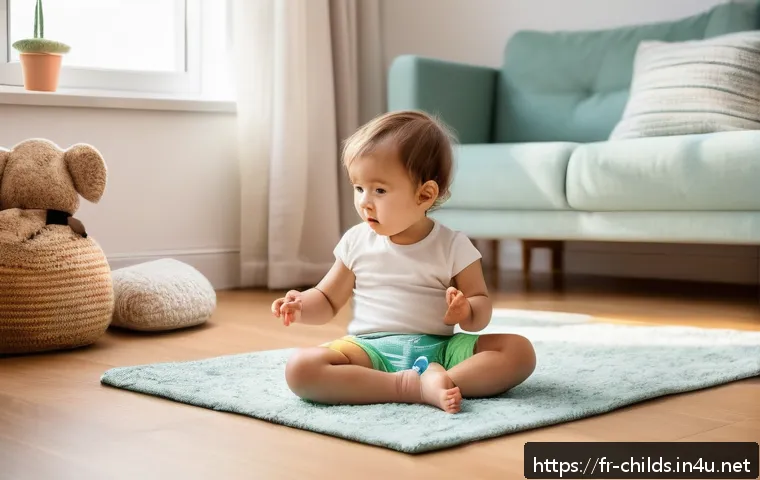 아동심리학 주요 과목과 공부법 - A tender scene of a young child around 3 years old wearing a colorful diaper, sitting on a soft carp...