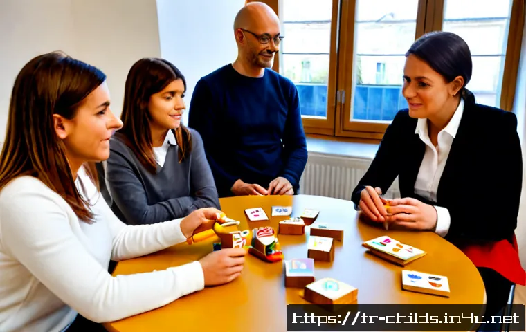 Home 17 아동심리상담사 교육 과정 - Photorealistic child psychology counselor training workshop in France, diverse adult trainees seated...